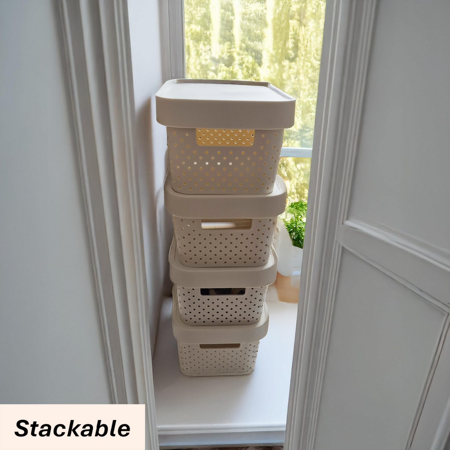 24x 5L Premium Plastic Storage Basket Container Box w/ Lid Dot Pattern (26.5*18*12.5cm) - Image 4