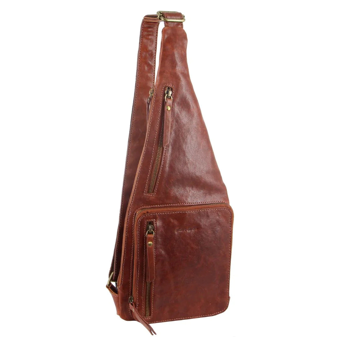 Pierre Cardin Mens Sling Bag Rustic Leather Crossbody Chest Backpack - Chestnut - Image 2