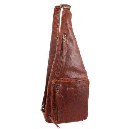Pierre Cardin Mens Sling Bag Rustic Leather Crossbody Chest Backpack - Chestnut - Image 2