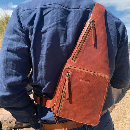 Pierre Cardin Mens Sling Bag Rustic Leather Crossbody Chest Backpack - Chestnut - Image 3