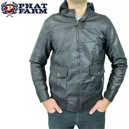 Phat Farm Mens Vinyl Bomber Jacket w/ Hood Warm Winter Pleather Hoodie - Black - Image 2