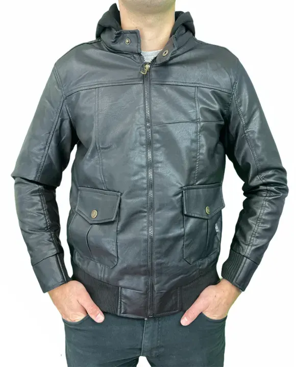 Phat Farm Mens Vinyl Bomber Jacket w/ Hood Warm Winter Pleather Hoodie - Black - Image 4