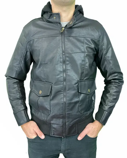 Phat Farm Mens Vinyl Bomber Jacket w/ Hood Warm Winter Pleather Hoodie - Black - Image 4