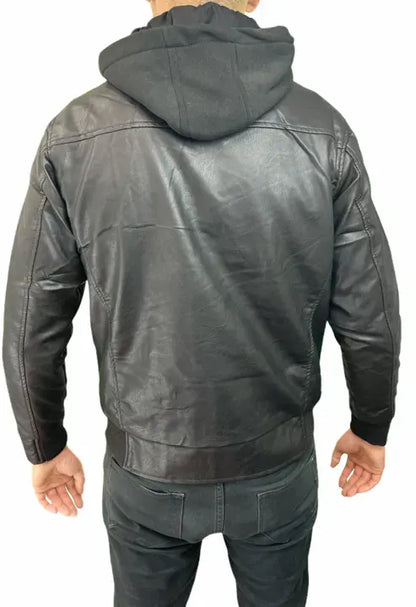 Phat Farm Mens Vinyl Bomber Jacket w/ Hood Warm Winter Pleather Hoodie - Black - Image 5