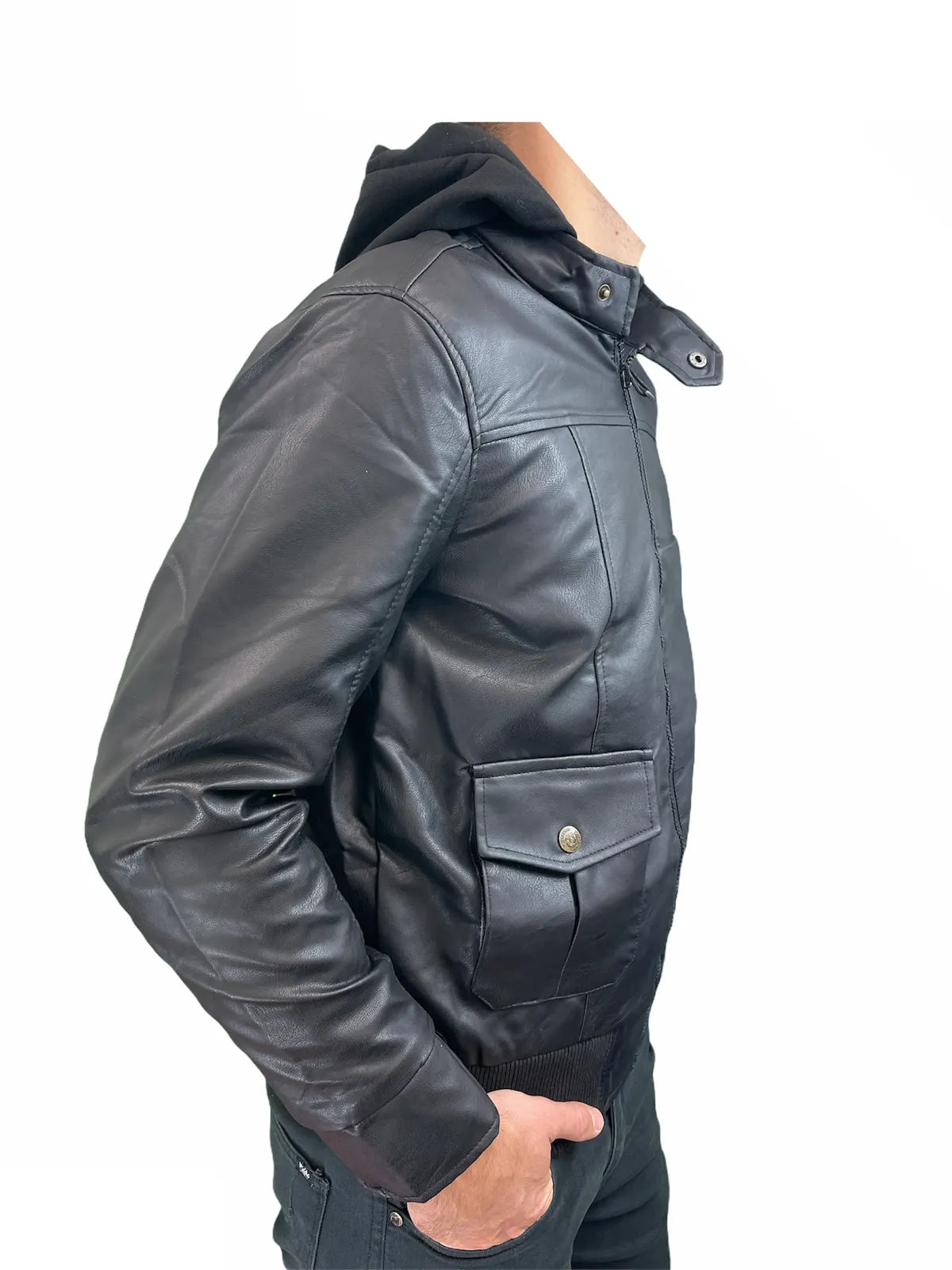 Phat Farm Mens Vinyl Bomber Jacket w/ Hood Warm Winter Pleather Hoodie - Black - Image 6