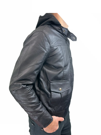 Phat Farm Mens Vinyl Bomber Jacket w/ Hood Warm Winter Pleather Hoodie - Black - Image 6