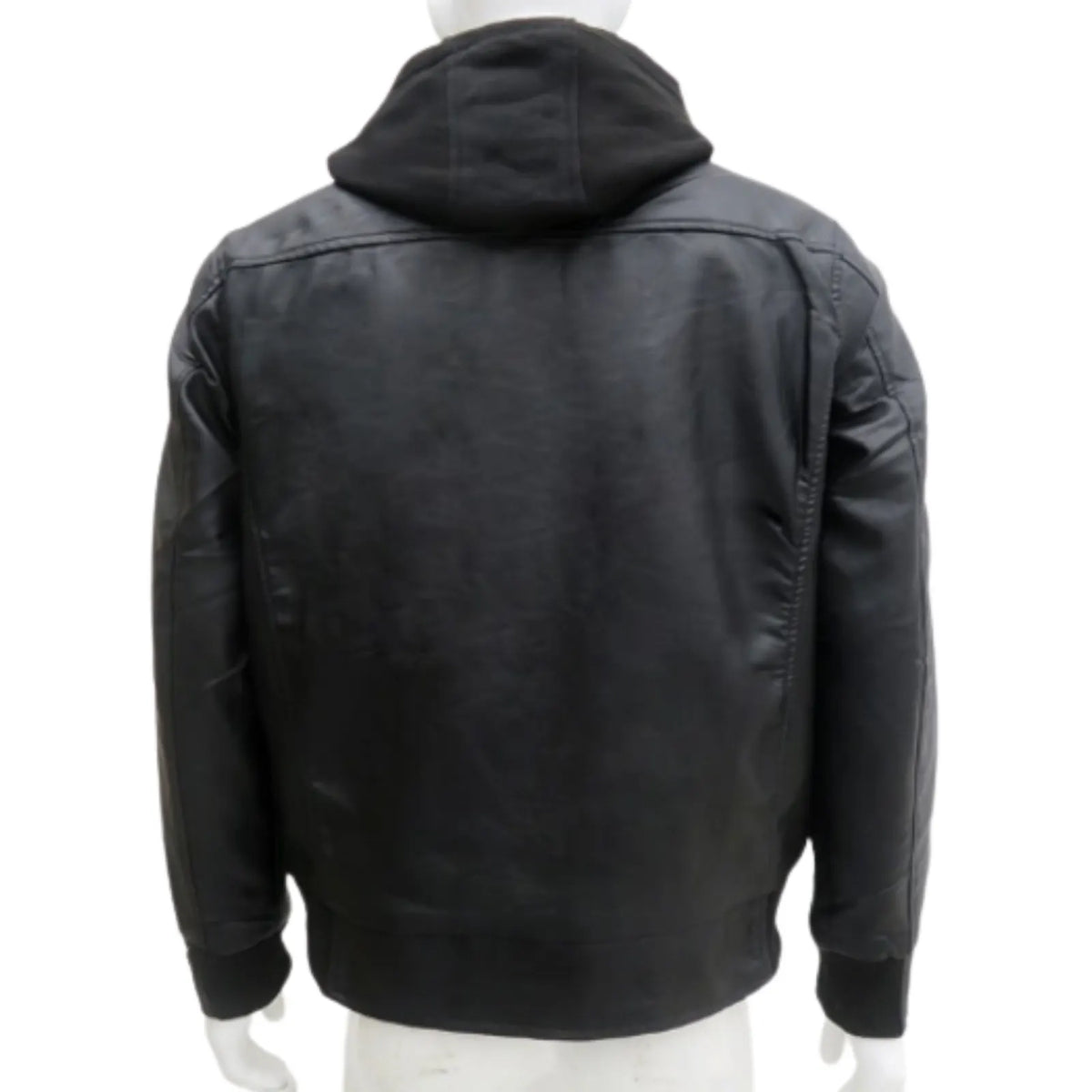 Phat Farm Mens Vinyl Bomber Jacket w/ Hood Warm Winter Pleather Hoodie - Black - Image 7