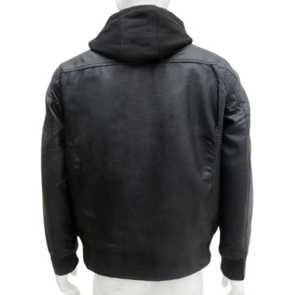 Phat Farm Mens Vinyl Bomber Jacket w/ Hood Warm Winter Pleather Hoodie - Black - Image 7