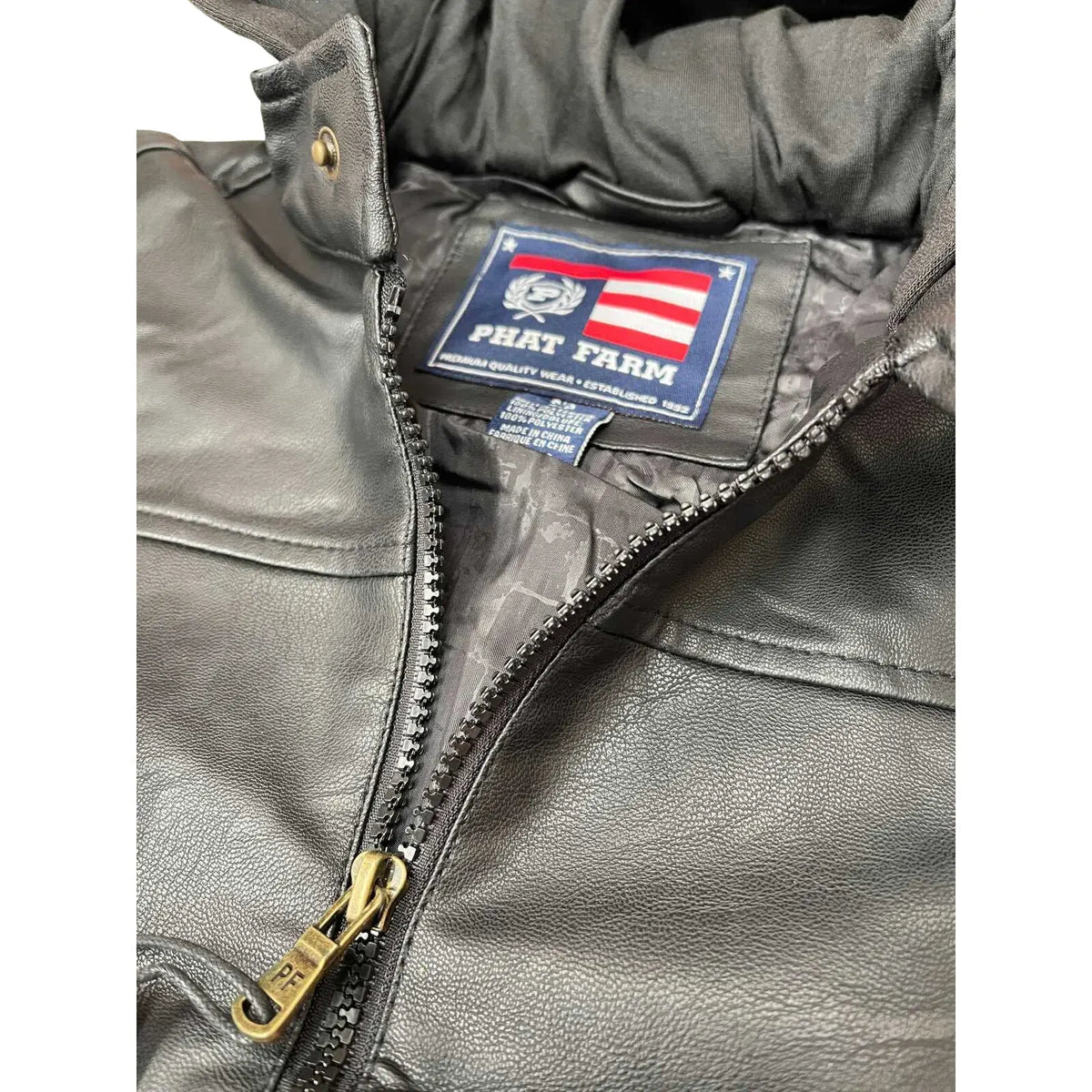 Phat Farm Mens Vinyl Bomber Jacket w/ Hood Warm Winter Pleather Hoodie - Black - Image 8