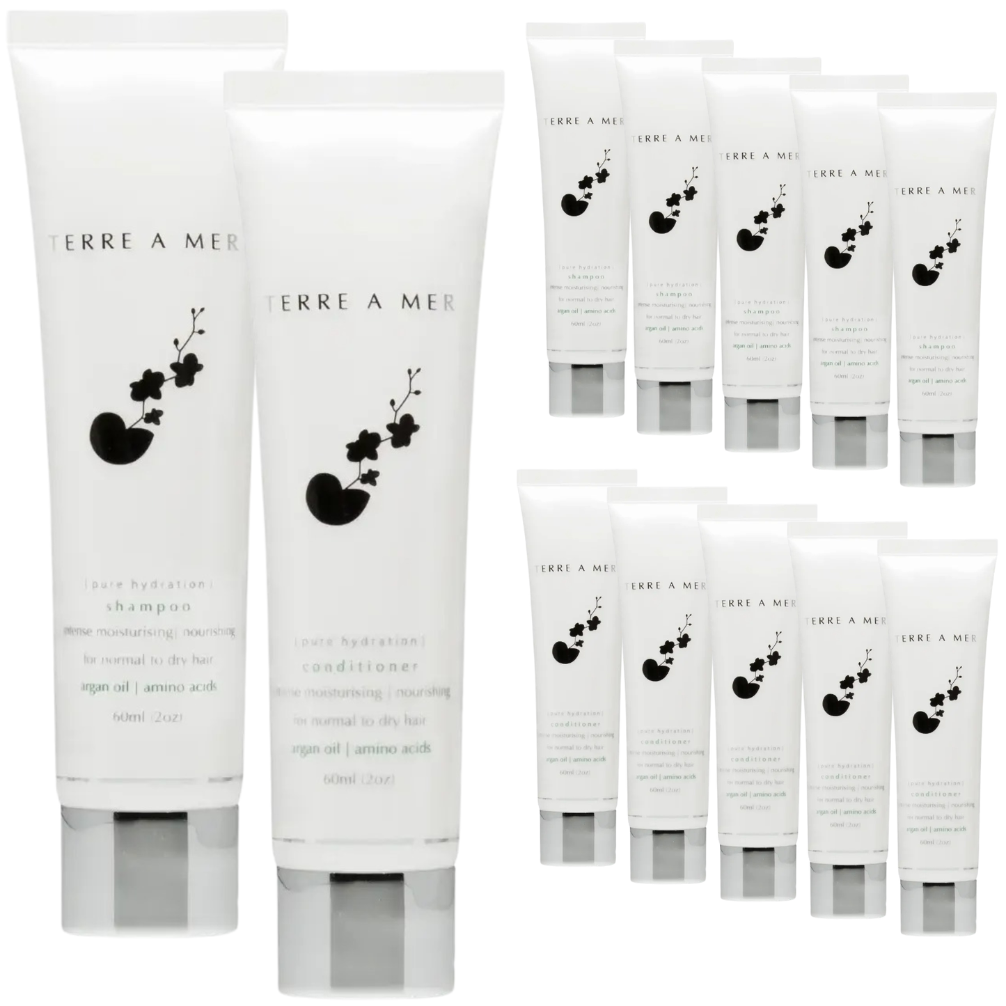 12pc Set Terre A Mer Pure Hydration Amino Acid/Argan Oil Shampoo & Conditioner  - 60ml Travel Size - Image 2
