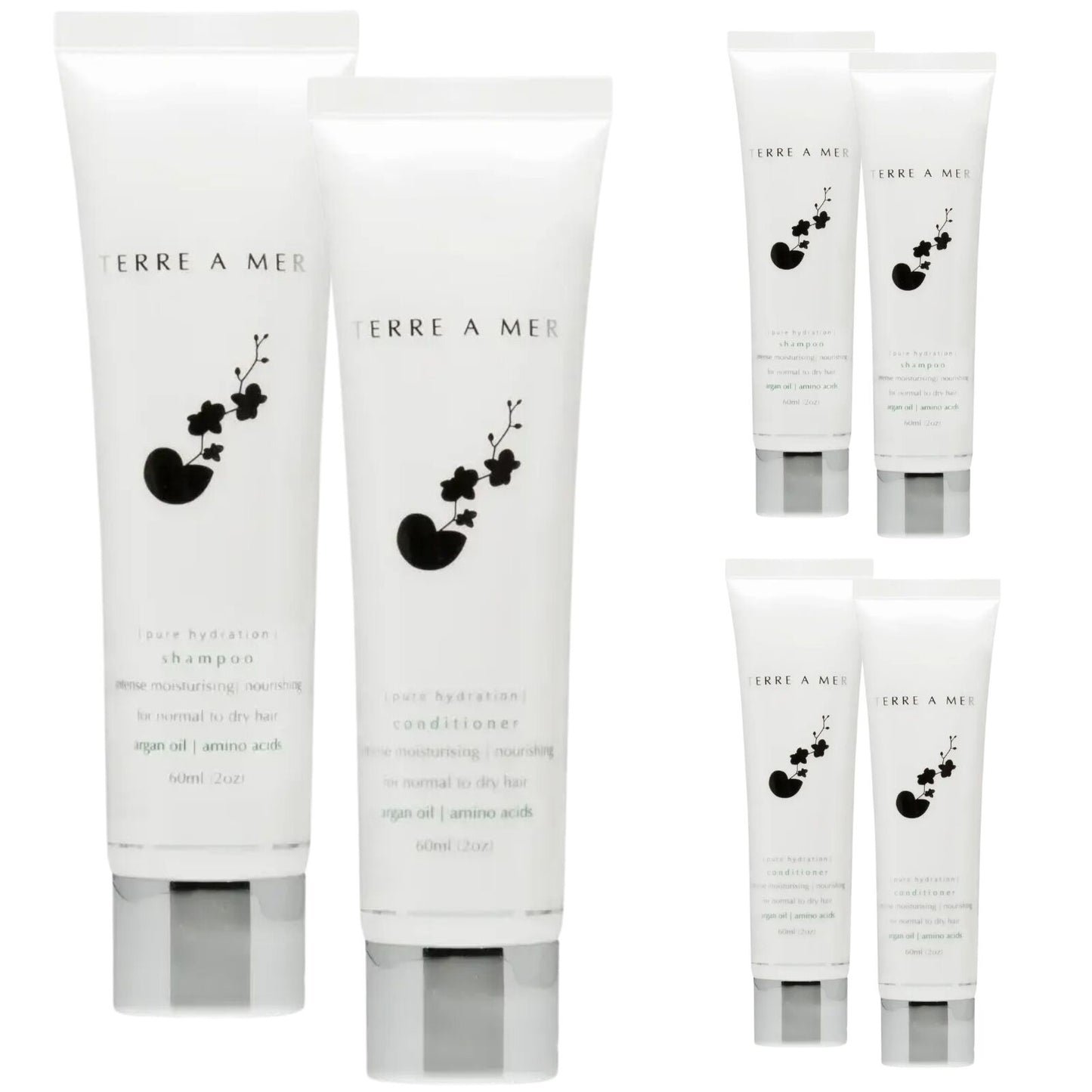 6pc Set Terre A Mer Pure Hydration Amino Acid/Argan Oil Shampoo & Conditioner  - 60ml Travel Size - Image 2