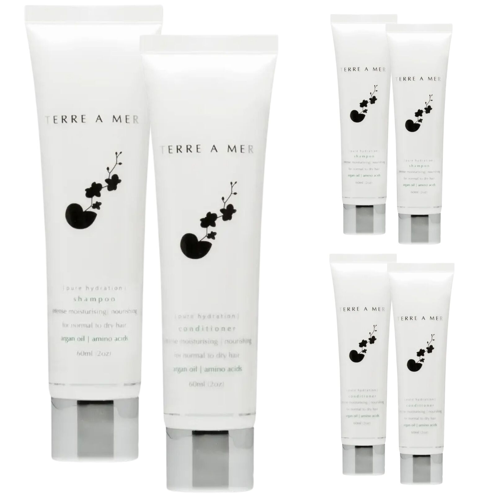 6pc Set Terre A Mer Pure Hydration Amino Acid/Argan Oil Shampoo & Conditioner  - 60ml Travel Size - Image 2