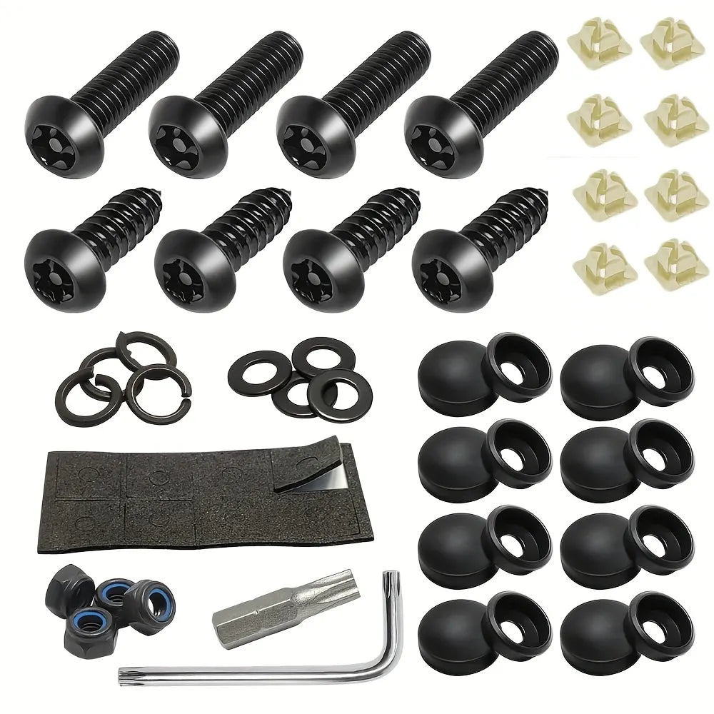 Anti Theft License Number Plate Screws Kit Rustproof Stainless Steel Car Tag Plate - Black Matte
