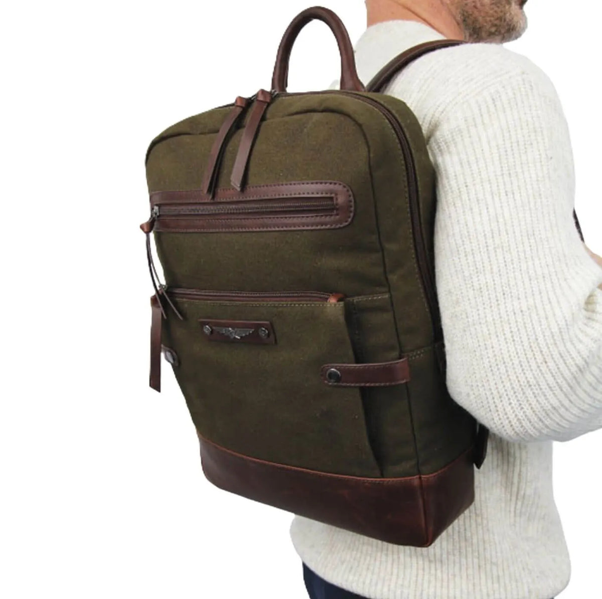 POLICE Wings Mens Canvas Backpack Bag with Laptop Computer Sleeve in Dark Olive - Image 3