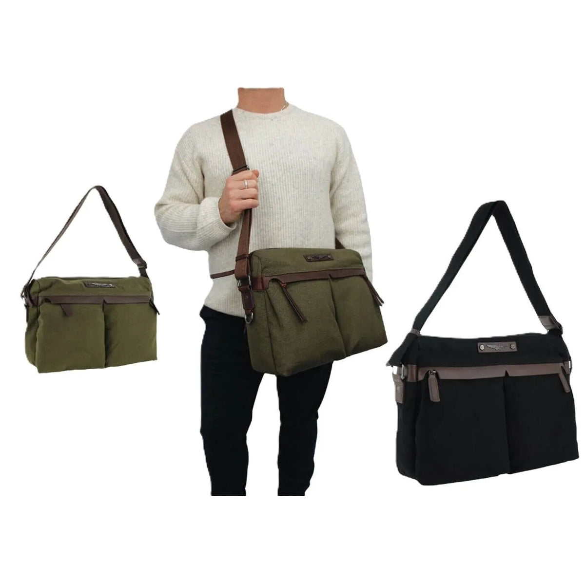 POLICE Wings Canvas Mens Messenger Business Bag w/ Laptop Computer Section in Black - Image 4
