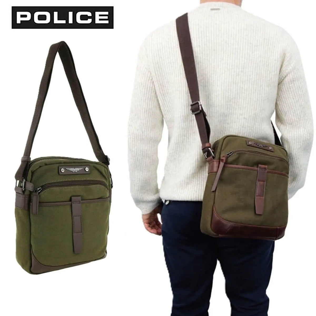 POLICE Wings Mens Canvas Crossbody Bag in Dark Olive - Image 3