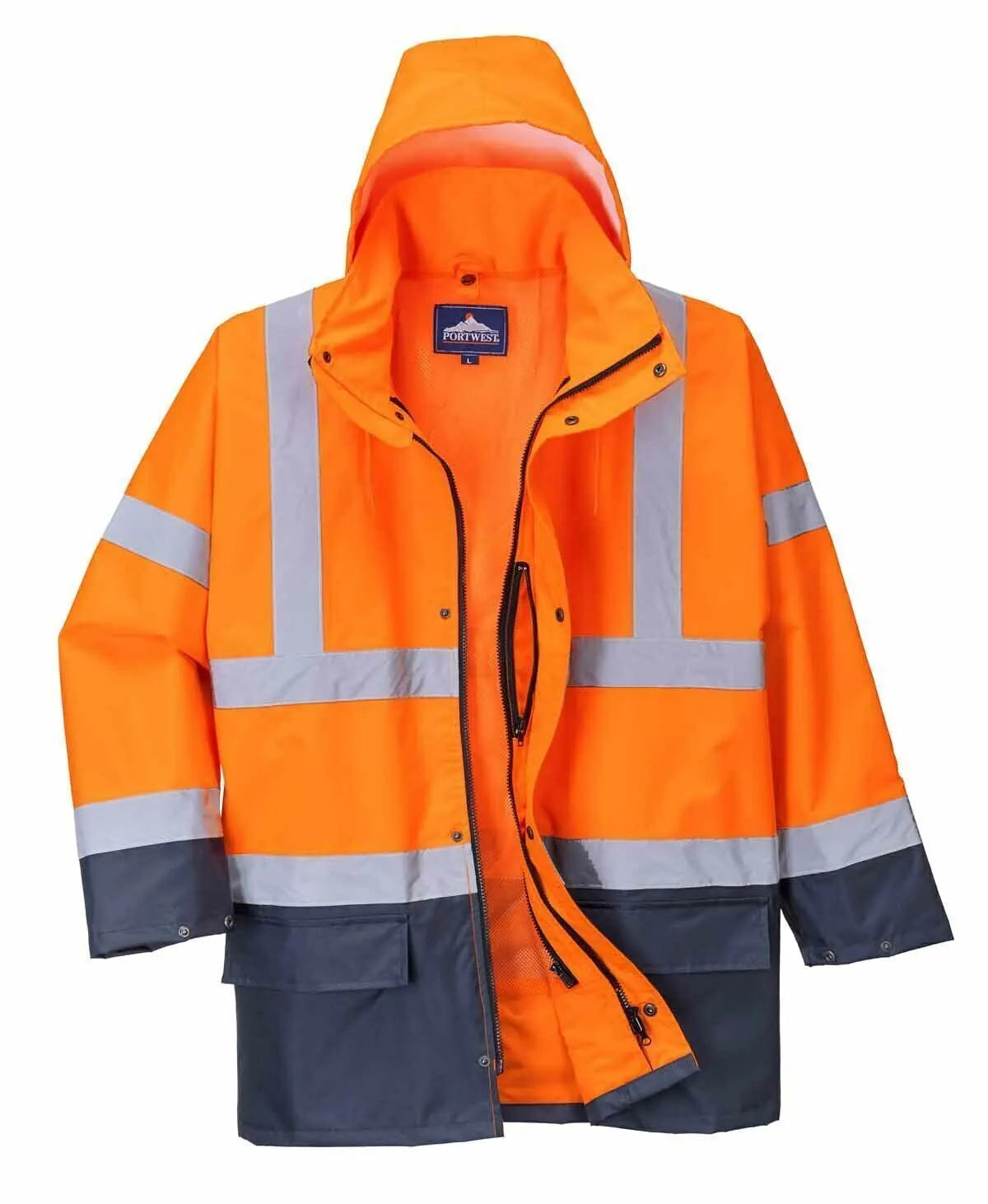 Portwest Hi-Vis Safety Workwear Waterproof Rain Jacket Coat 5-in-1 Two Tone - Orange/Navy - Image 2