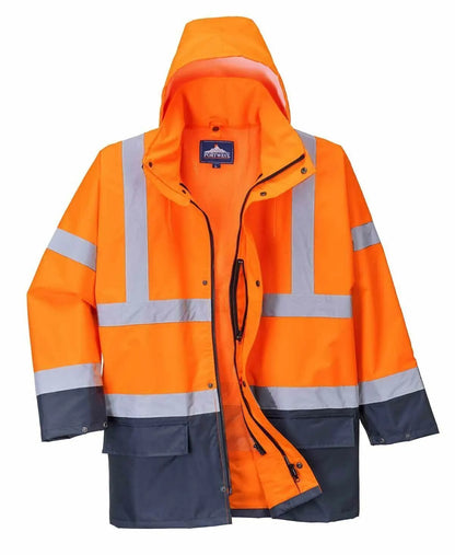 Portwest Hi-Vis Safety Workwear Waterproof Rain Jacket Coat 5-in-1 Two Tone - Orange/Navy - Image 2
