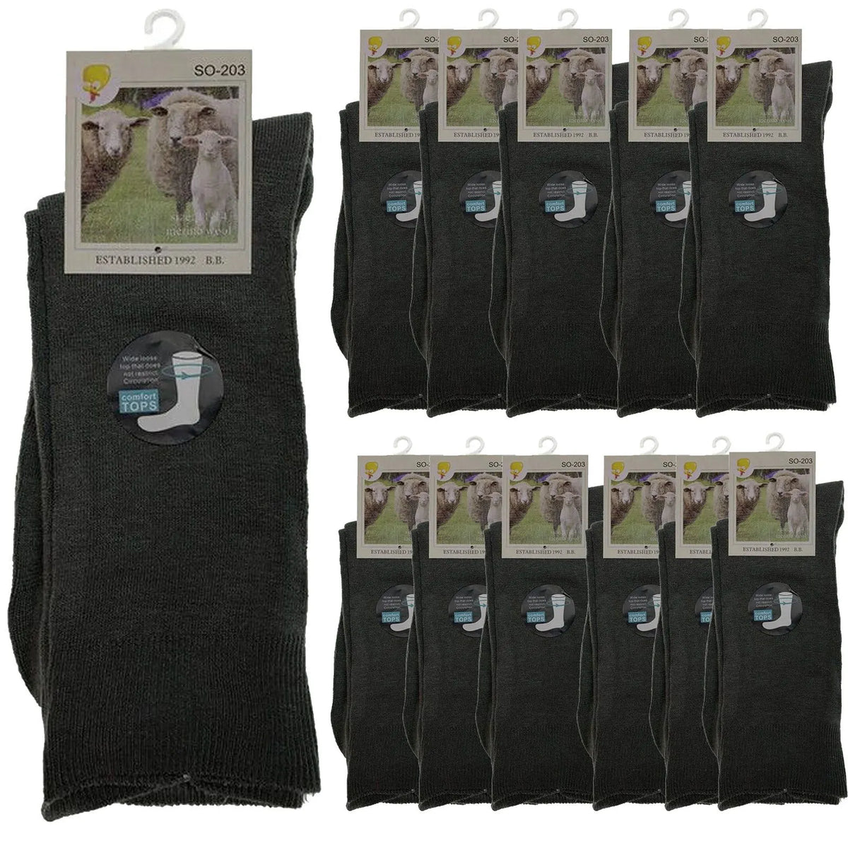 Merino Wool Mens Thermal Diabetic Socks Loose Top Circulation 12 Pairs - Grey
