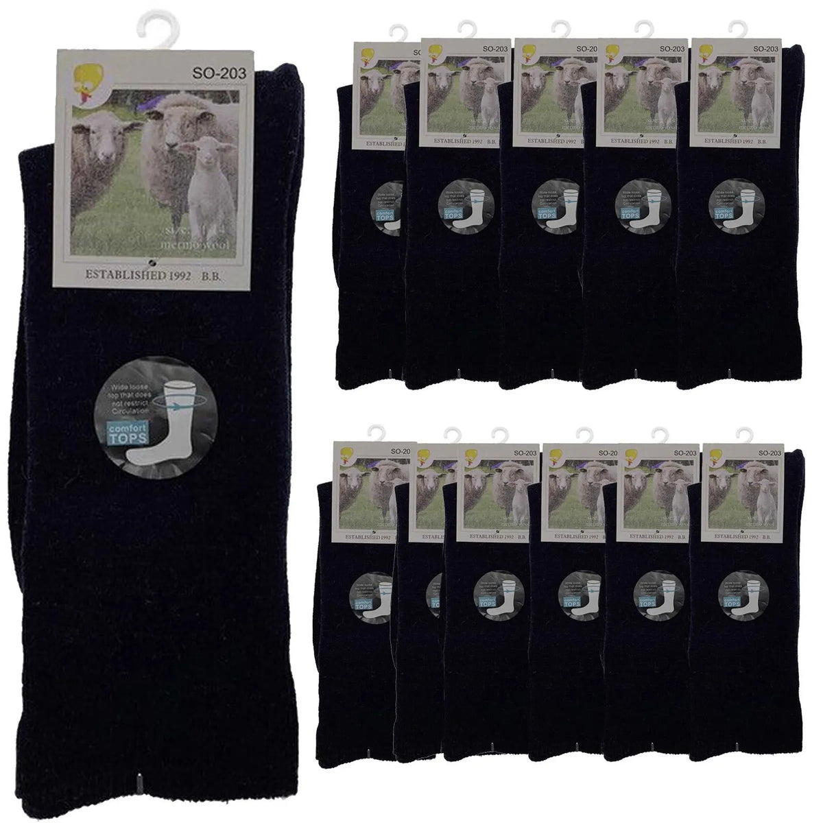 Merino Wool Mens Thermal Diabetic Socks Loose Top Circulation 12 Pairs - Navy