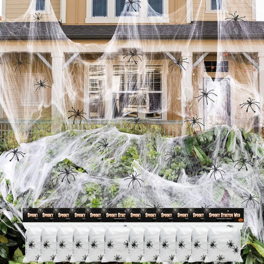 12x HALLOWEEN STRETCHABLE SPIDER WEBS Spooky Decoration with Spiders Party Decor Ghost