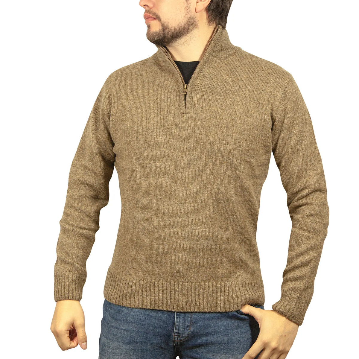 100% SHETLAND RAGG WOOL Half Zip Up Knit JUMPER Pullover Mens Sweater Knitted - Nutmeg - Image 2