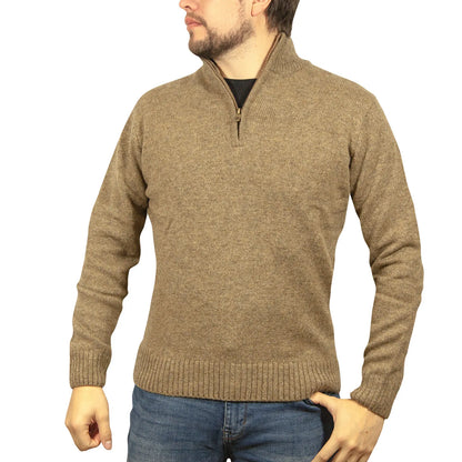 100% SHETLAND RAGG WOOL Half Zip Up Knit JUMPER Pullover Mens Sweater Knitted - Nutmeg - Image 2
