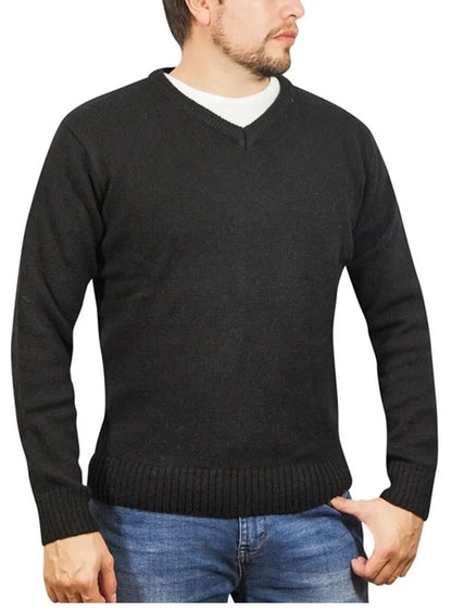 100% Shetland Ragg Wool V Neck Knit Jumper Pullover Mens Sweater Knitted - Plain Black - Image 2
