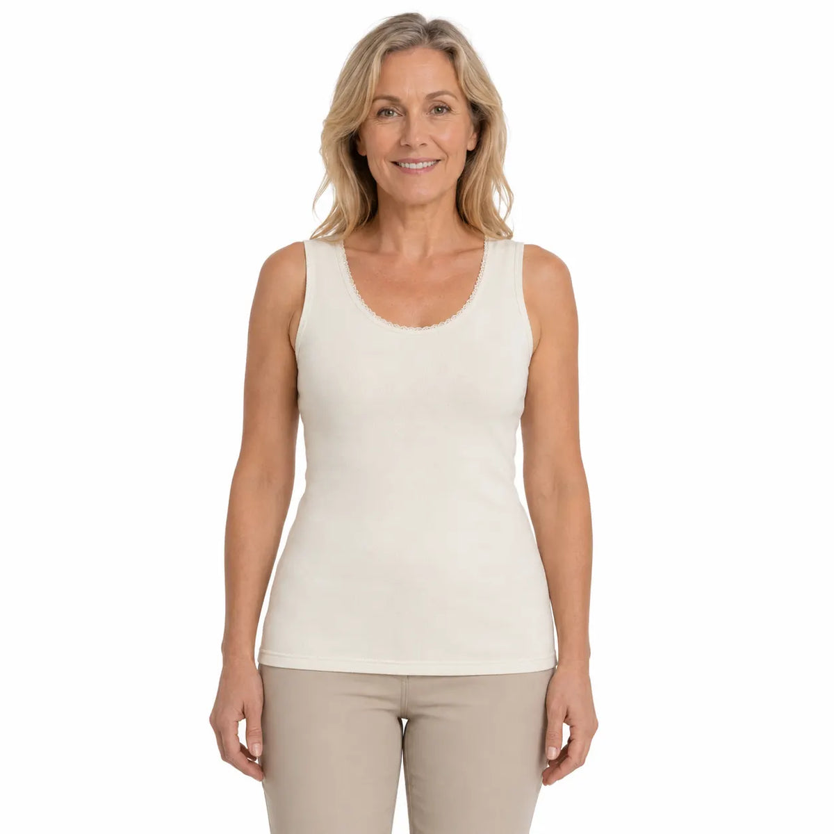 Thermo Fleece Womens Merino Wool Blend Thermals Scoop Neck Tank Top w/ Lace- Natural - Image 2