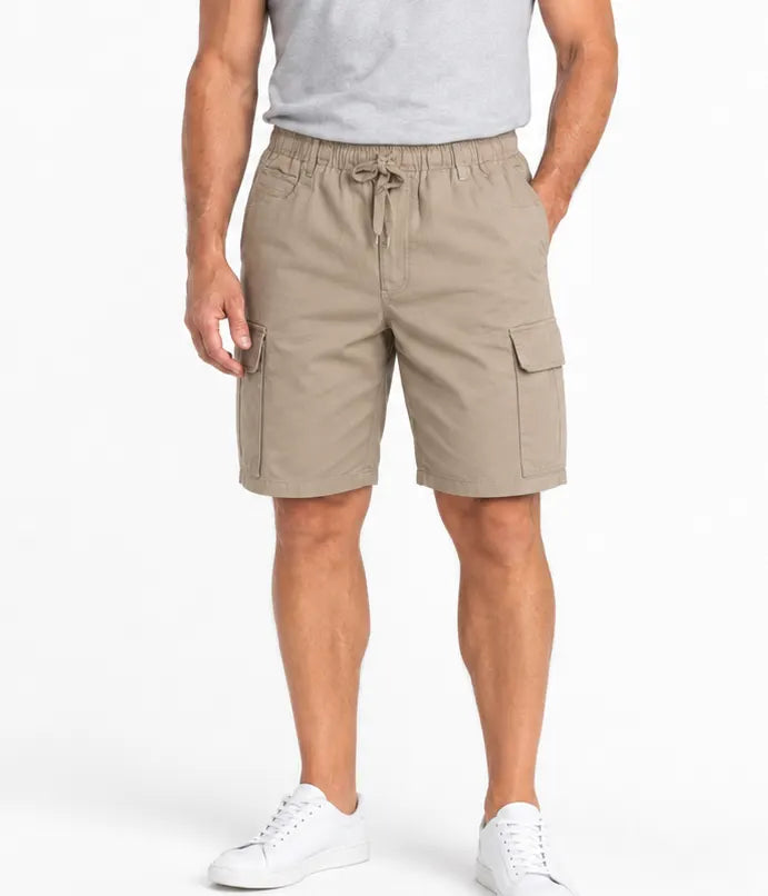 Mens CARGO SHORTS Elastic Waist 100% COTTON Army Military PLAIN Pocket in Tan