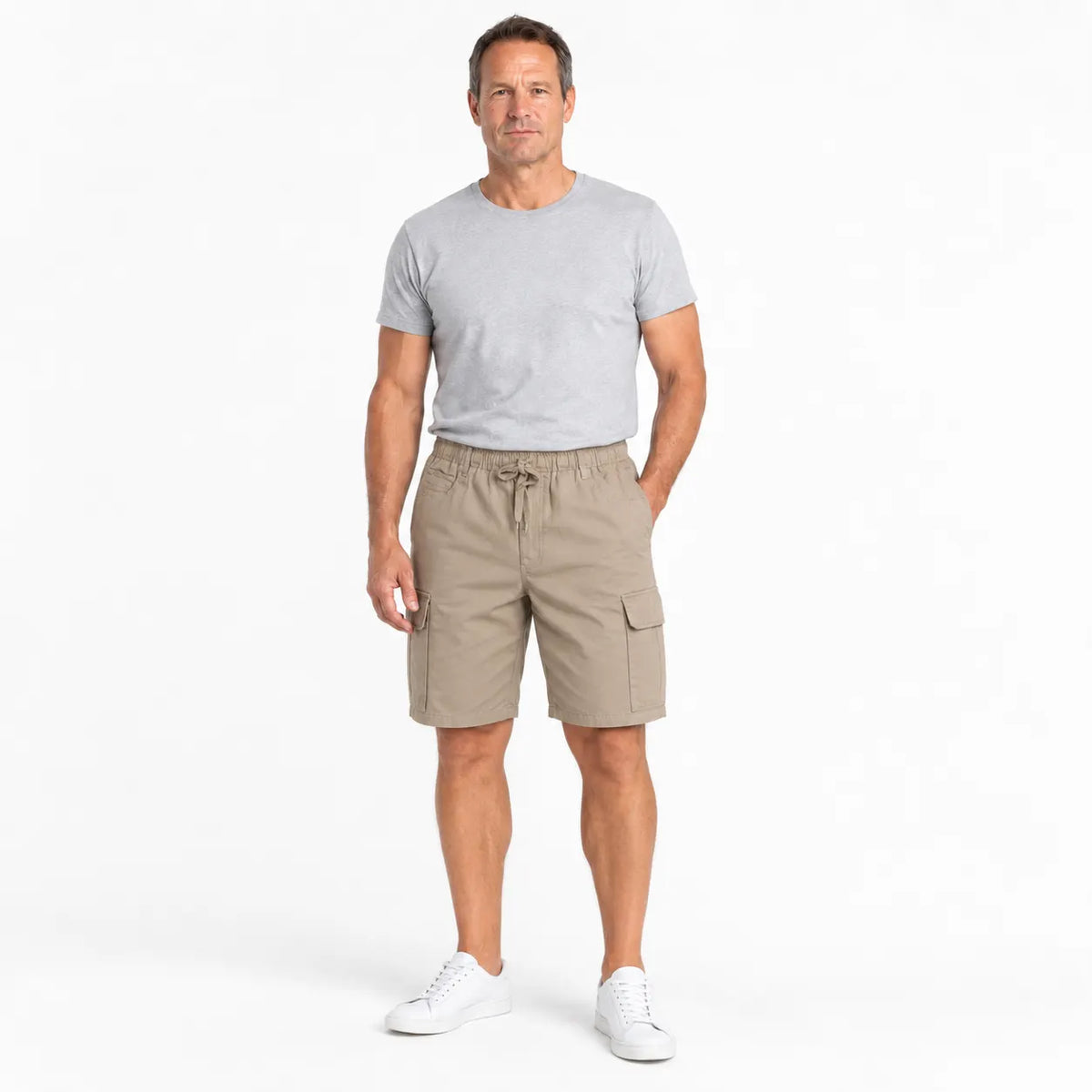 Mens CARGO SHORTS Elastic Waist 100% COTTON Army Military PLAIN Pocket in Tan - Image 3