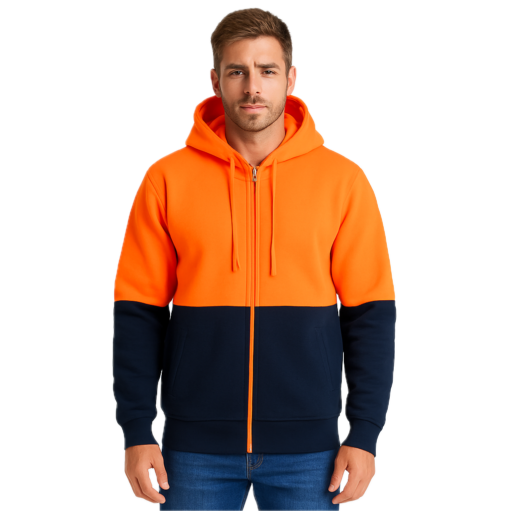 HI VIS Jumper Full Zip Hoodie Safety Workwear Fleecy Fleece Jacket Hooded in Orange/Navy - 2XL - Image 2