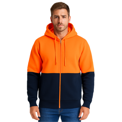 HI VIS Jumper Full Zip Hoodie Safety Workwear Fleecy Fleece Jacket Hooded in Orange/Navy - 2XL - Image 2
