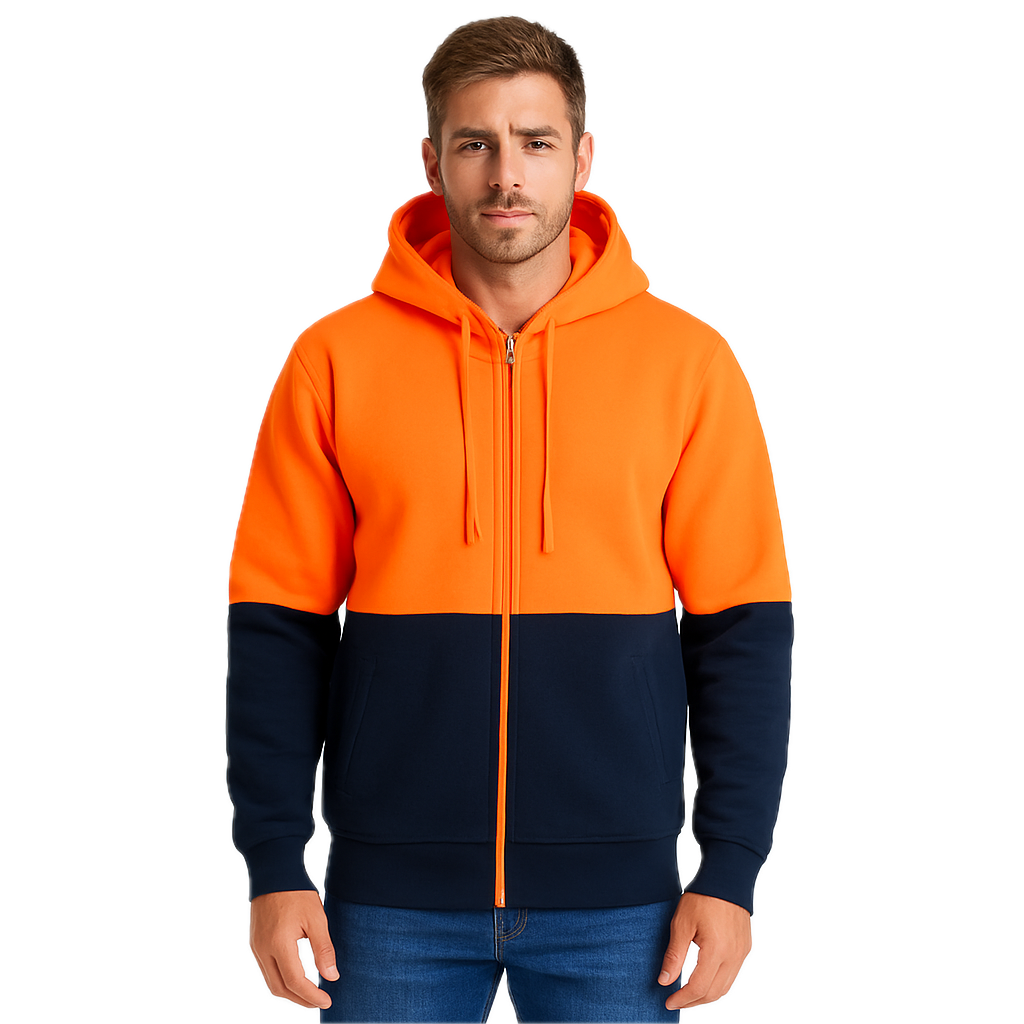 HI VIS Jumper Full Zip Hoodie Safety Workwear Fleecy Fleece Jacket Hooded in Orange/Navy - 3XL - Image 2