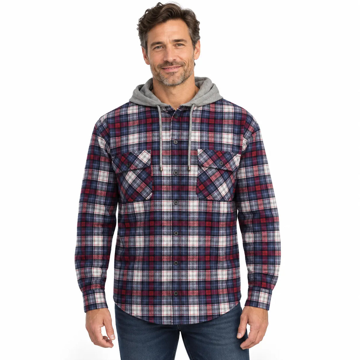 Mens Cotton Flannelette Shirt w Jersey Hood Long Sleeve Flannel - Navy/Red/White Check - Image 2