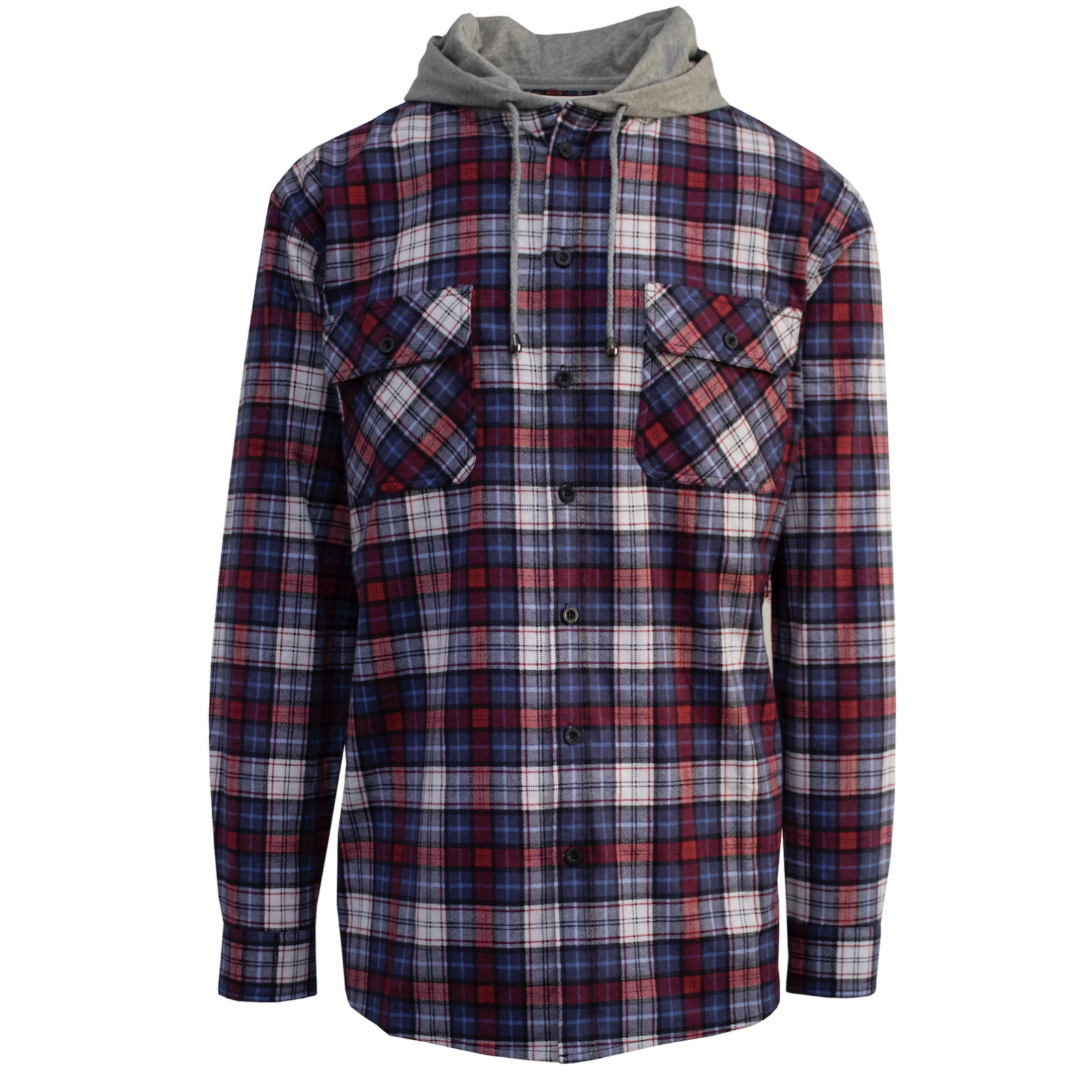 Mens Cotton Flannelette Shirt w Jersey Hood Long Sleeve Flannel - Navy - S - Image 2
