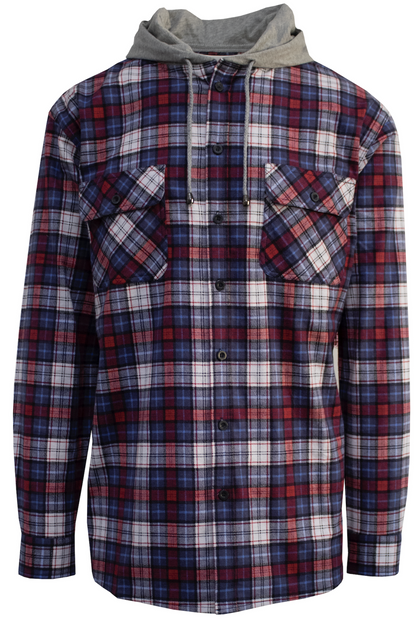 Mens Cotton Flannelette Shirt w Jersey Hood Long Sleeve Flannel - Navy - S - Image 4