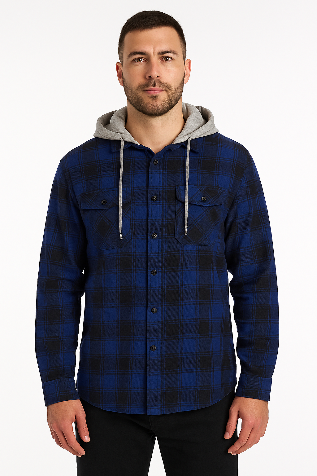 Mens Cotton Flannelette Shirt w Jersey Hood Long Sleeve Flannel - Royal Blue - S - Image 2