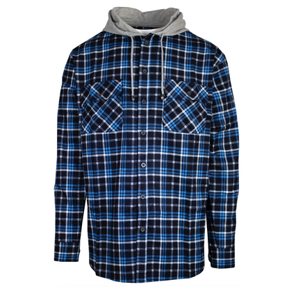 Mens Cotton Flannelette Shirt w Jersey Hood Long Sleeve Flannel - Turquoise - M - Image 2
