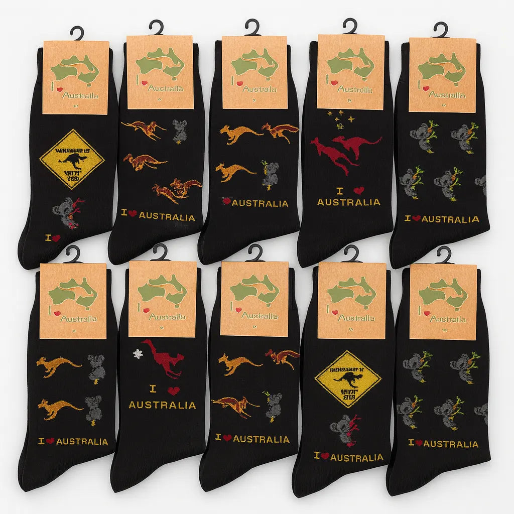 12 Pairs Australian Souvenir Cotton Socks Kangaroo/Koala/Flag (Size 6-11) in Assorted Patterns - Image 2