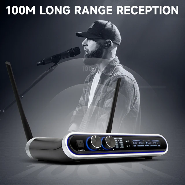 Hridz Wireless UHF Microphone Kit Dual Handheld Mics with 100m Range Receiver for Karaoke Meetings Parties - Image 2