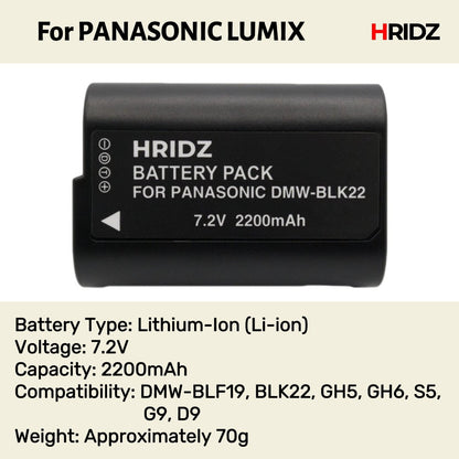 Hridz BLK22 2pcs Battery for Panasonic DMW-BLK22 LUMIX DSLR - 2-batteries only - Image 2