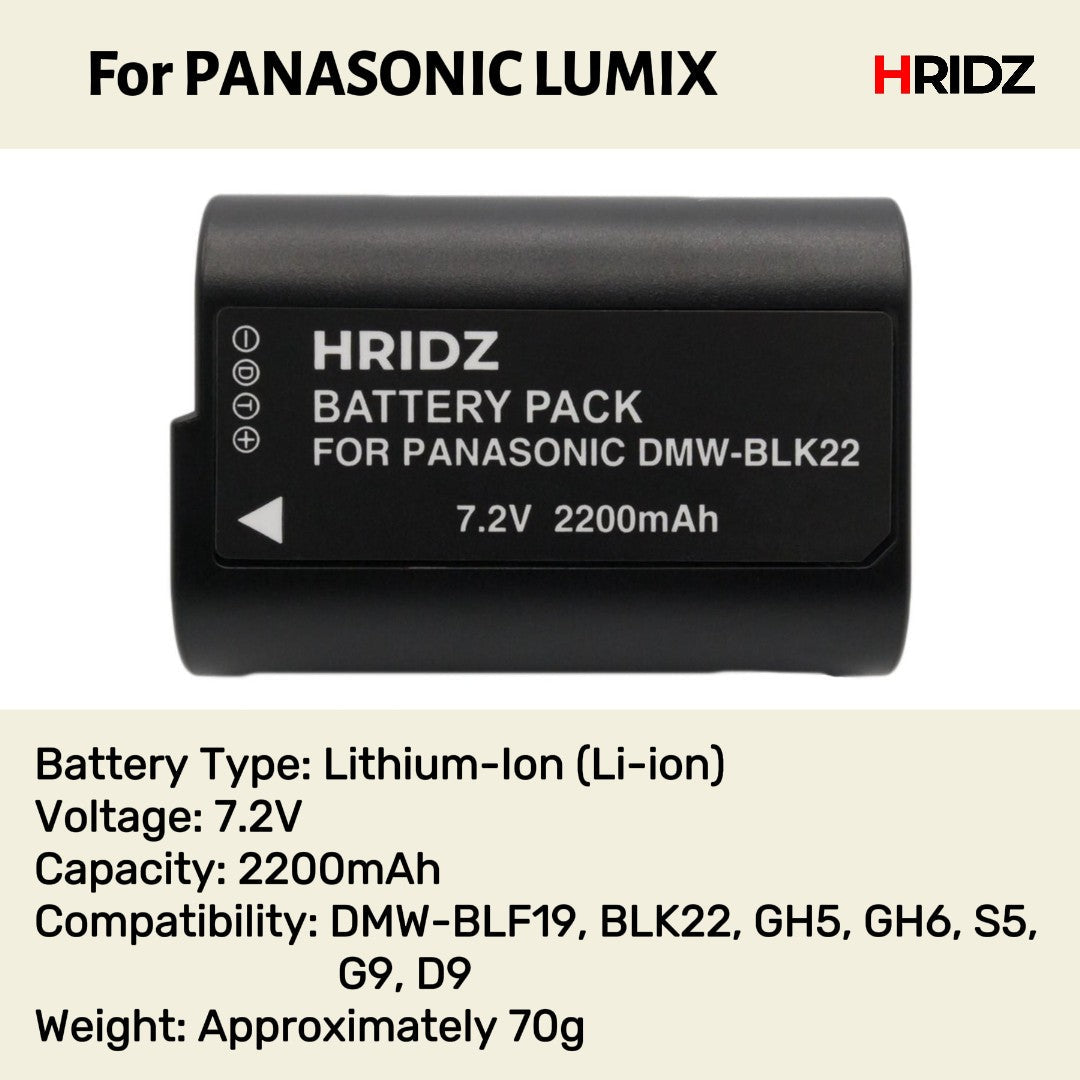 Hridz BLK22 Battery and Dual charger pack for Panasonic DMW-BLK22 LUMIX DSLR - combo-pack - Image 6