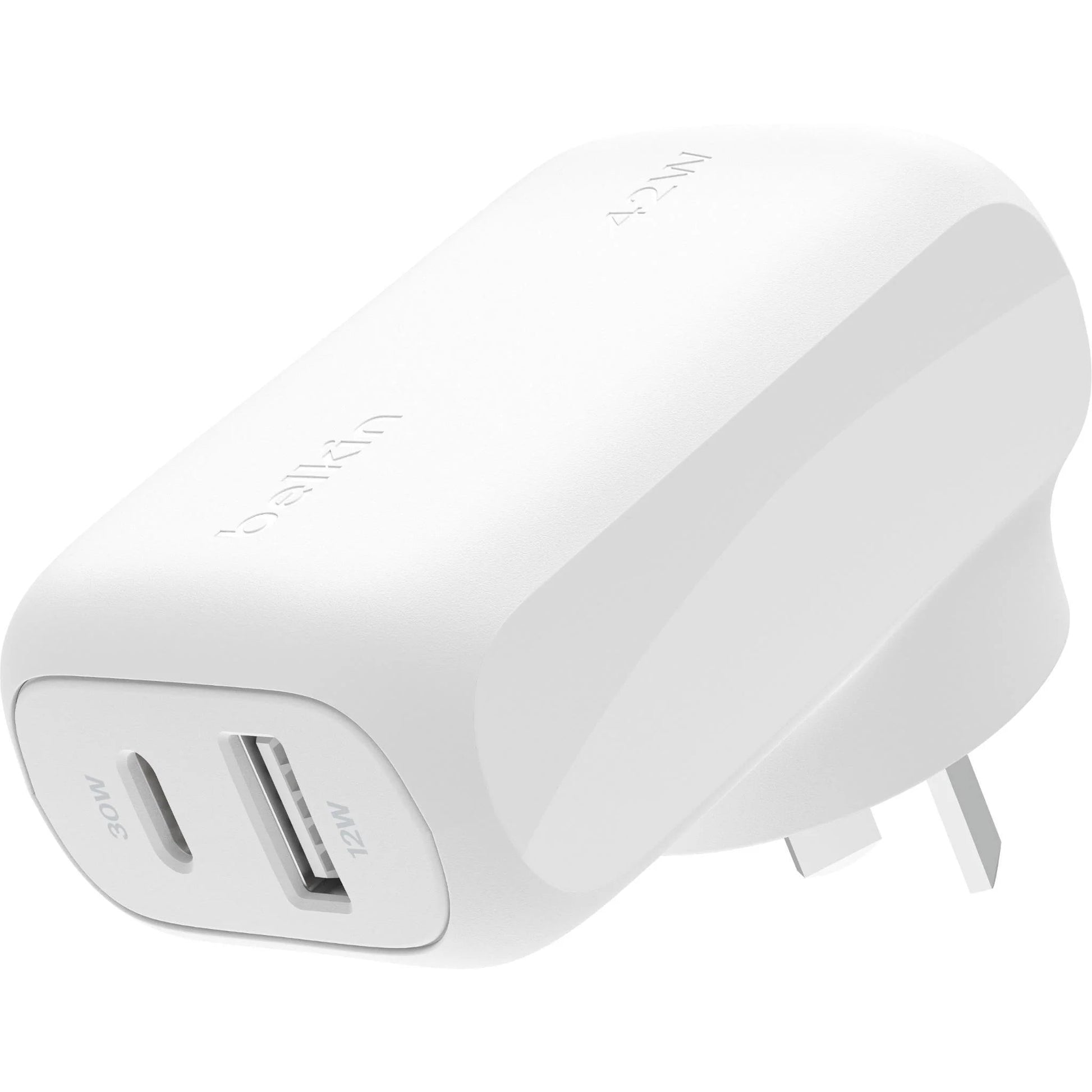 Belkin Dual PD Wall Charger with PPS - 42W Fast Charging for iPhone & Android, 1x USB-C (30W) & 1x USB-A (12W) - White - Image 3