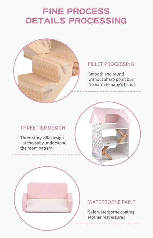 Wooden DIY Dolls Doll House 3 Level Kids Pretend Play Toys Full Furniture Set Pink - Image 3