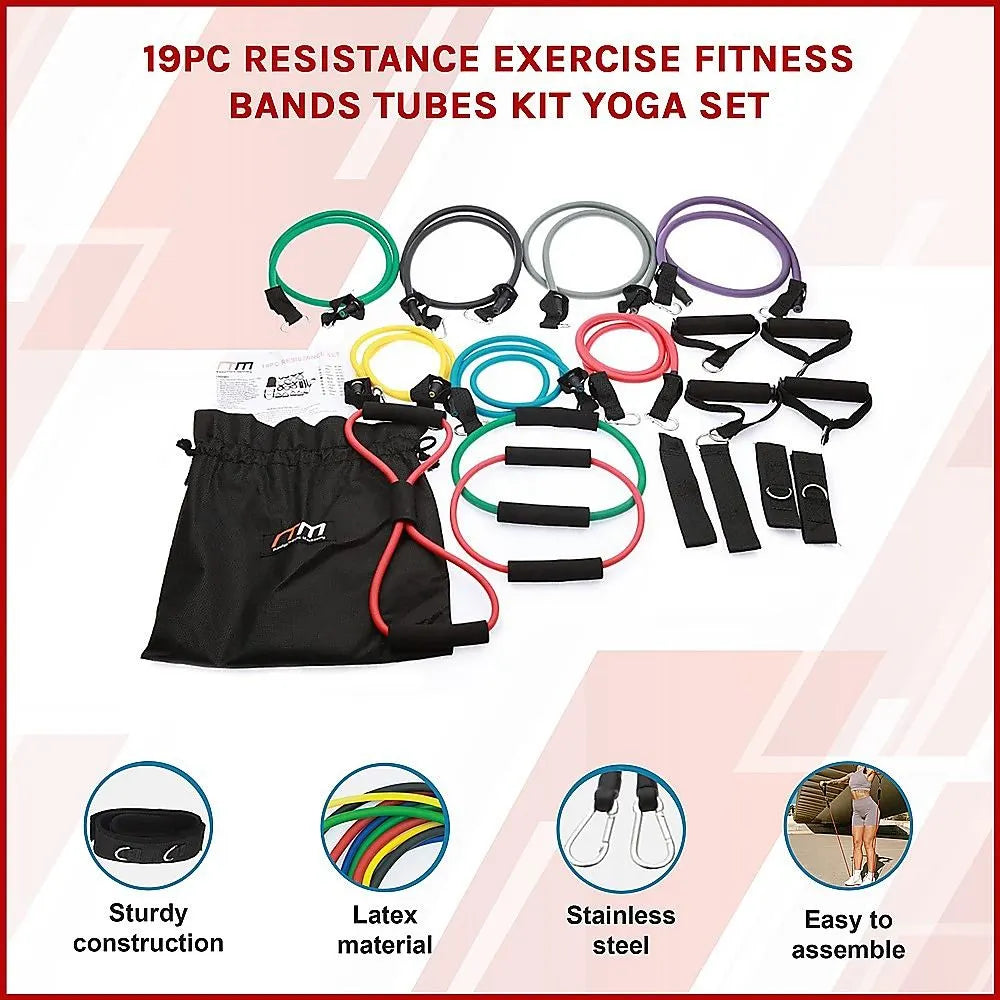 19PC Resistance Exercise Fitness Bands Tubes Kit Yoga Set - Image 4