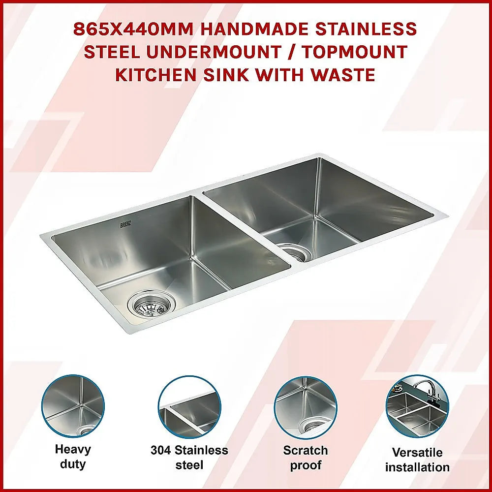 865x440mm Handmade Stainless Steel Undermount / Topmount Kitchen Sink with Waste - Image 3