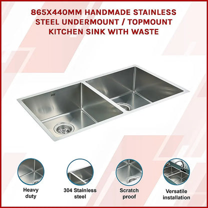 865x440mm Handmade Stainless Steel Undermount / Topmount Kitchen Sink with Waste - Image 3