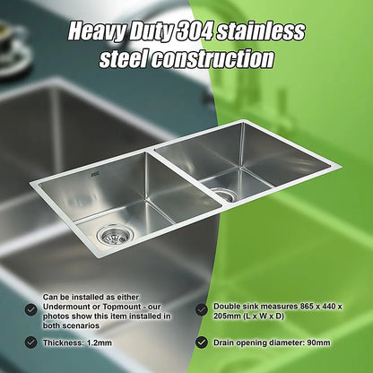 865x440mm Handmade Stainless Steel Undermount / Topmount Kitchen Sink with Waste - Image 6