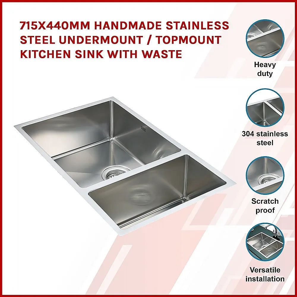 715x440mm Handmade Stainless Steel Undermount / Topmount Kitchen Sink with Waste - Image 3